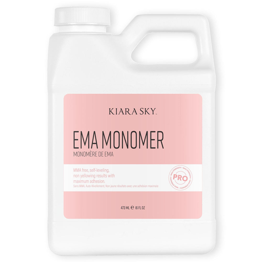 Kiara Sky EMA Monomer bottle front view highlighting self-leveling formula for smooth nails.