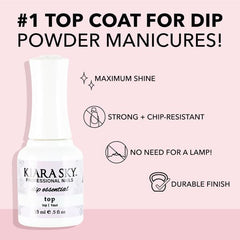 Kiara Sky Liquid Essentials Dip Manicure top coat bottle delivers glossy, long-lasting shine.