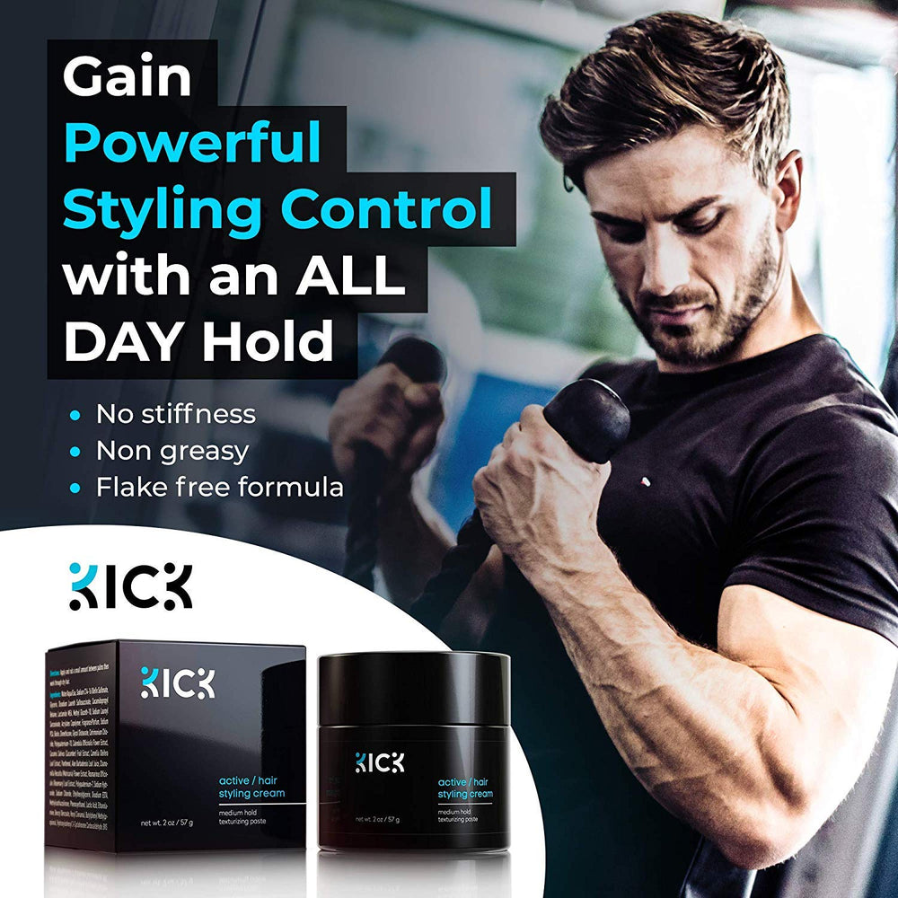 Kick Active hair cream being applied by hand for versatile styling