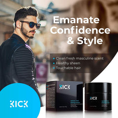 Kick Active hair cream texture close-up showing semi-matte finish and light sheen