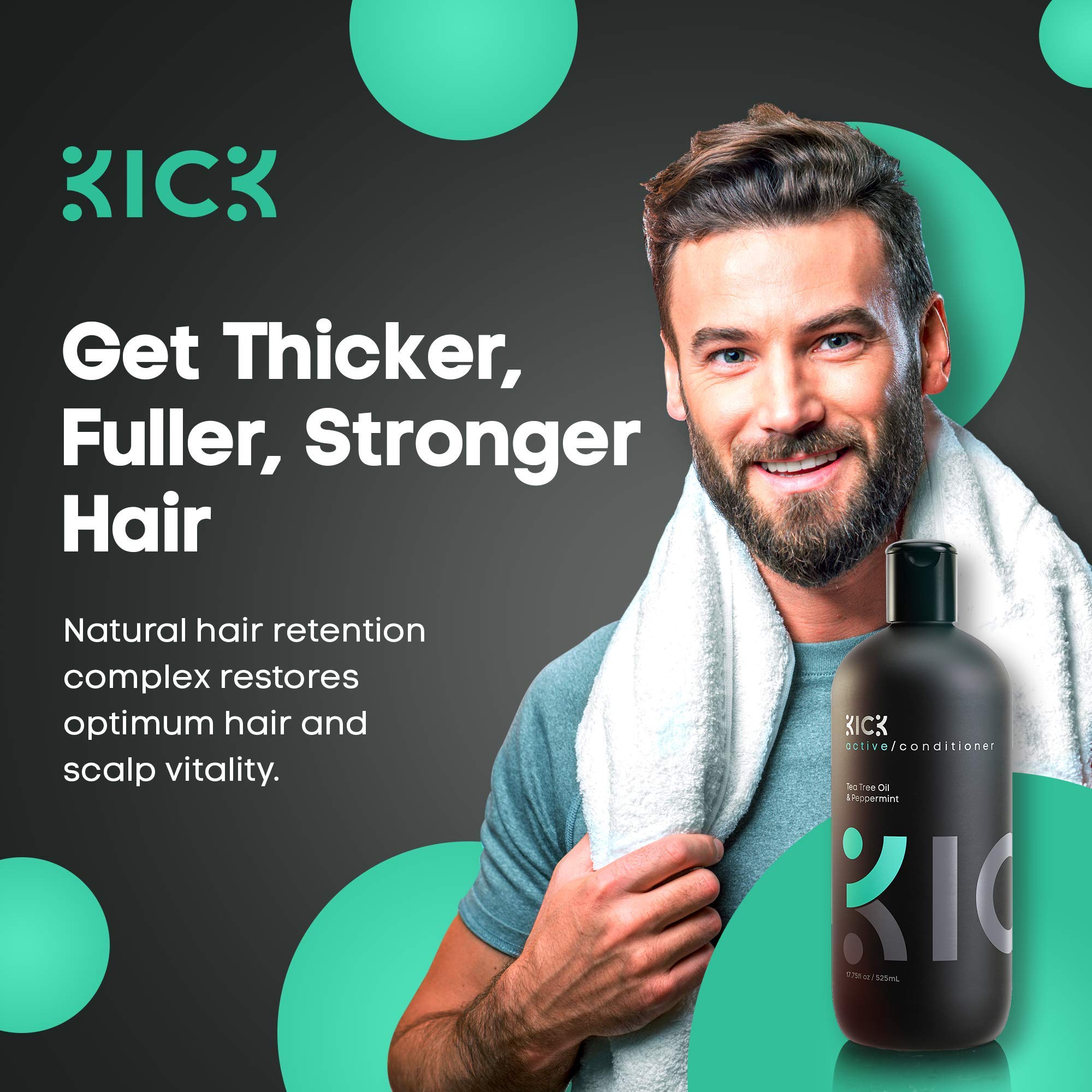 Kick Men's Conditioner Tea Tree foam-lather highlights refreshing scent and scalp cleansing.