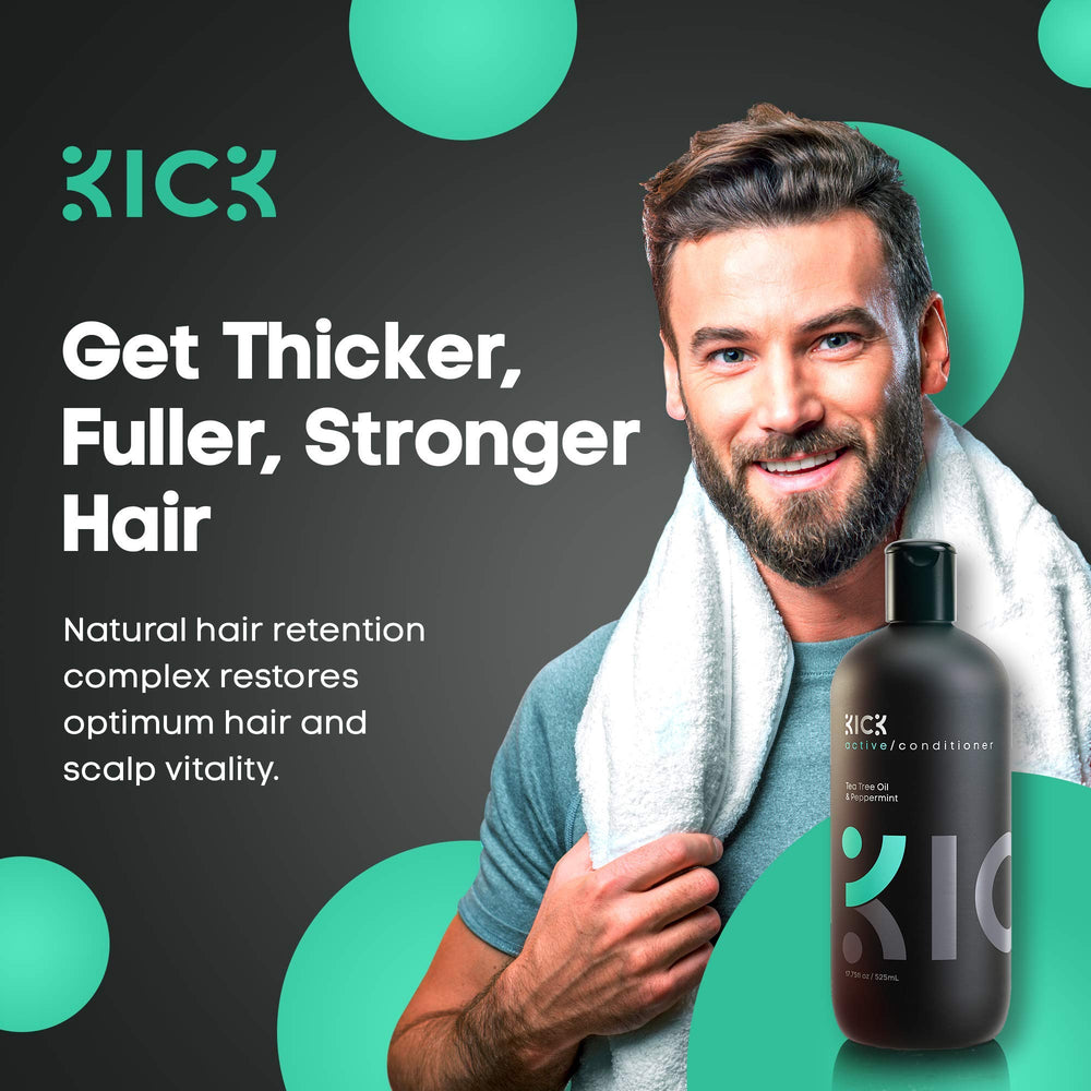Kick Men's Conditioner Tea Tree foam-lather highlights refreshing scent and scalp cleansing.