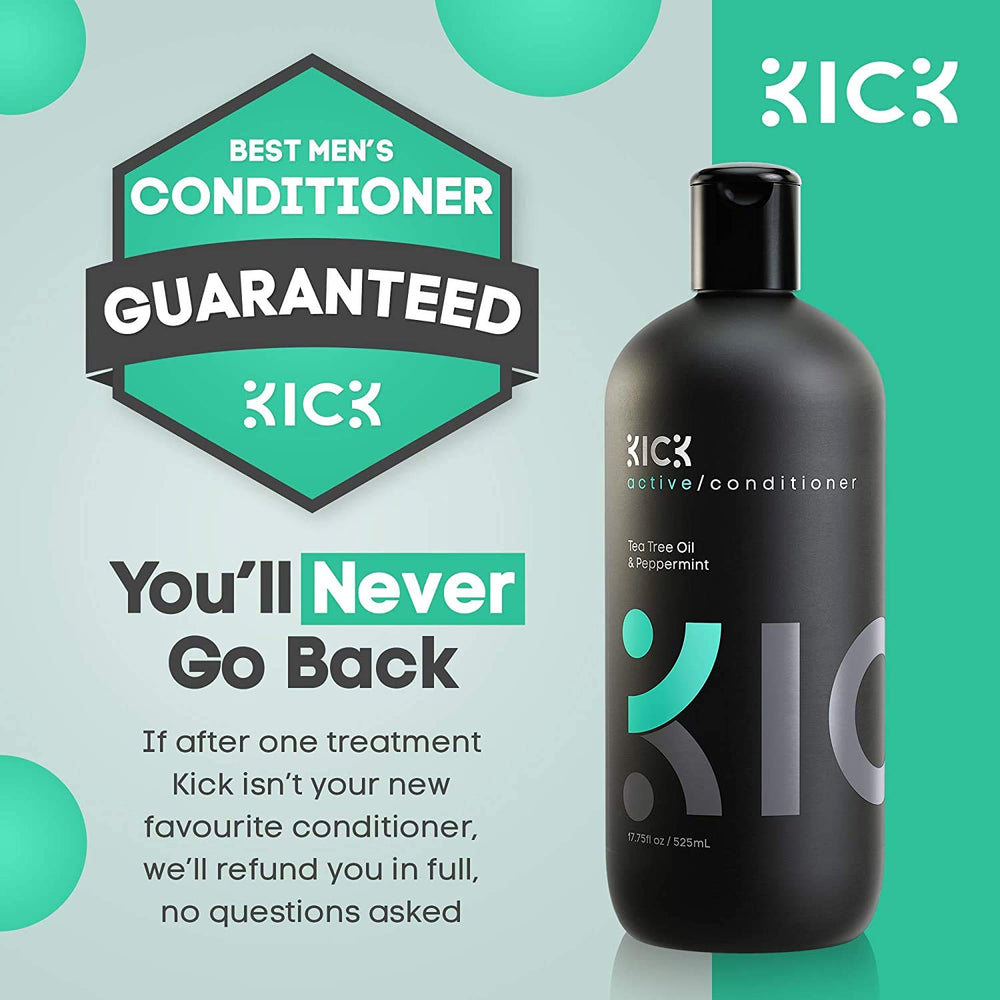 Kick Men's Conditioner Tea Tree ingredients visual hints at herbal extracts and enzymes for nourishment.