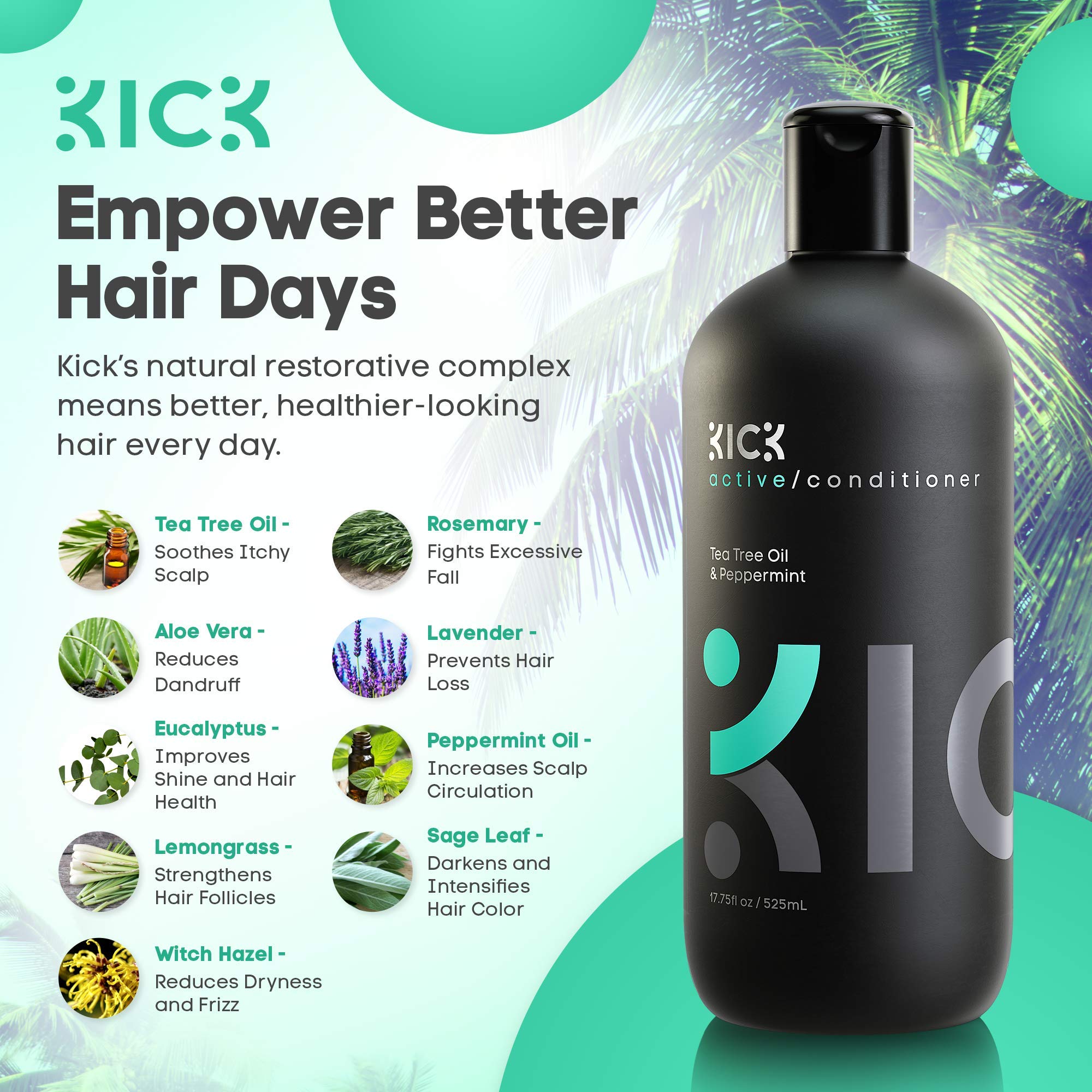 Kick Men's Conditioner Tea Tree label closeup shows clean ingredients you can trust.
