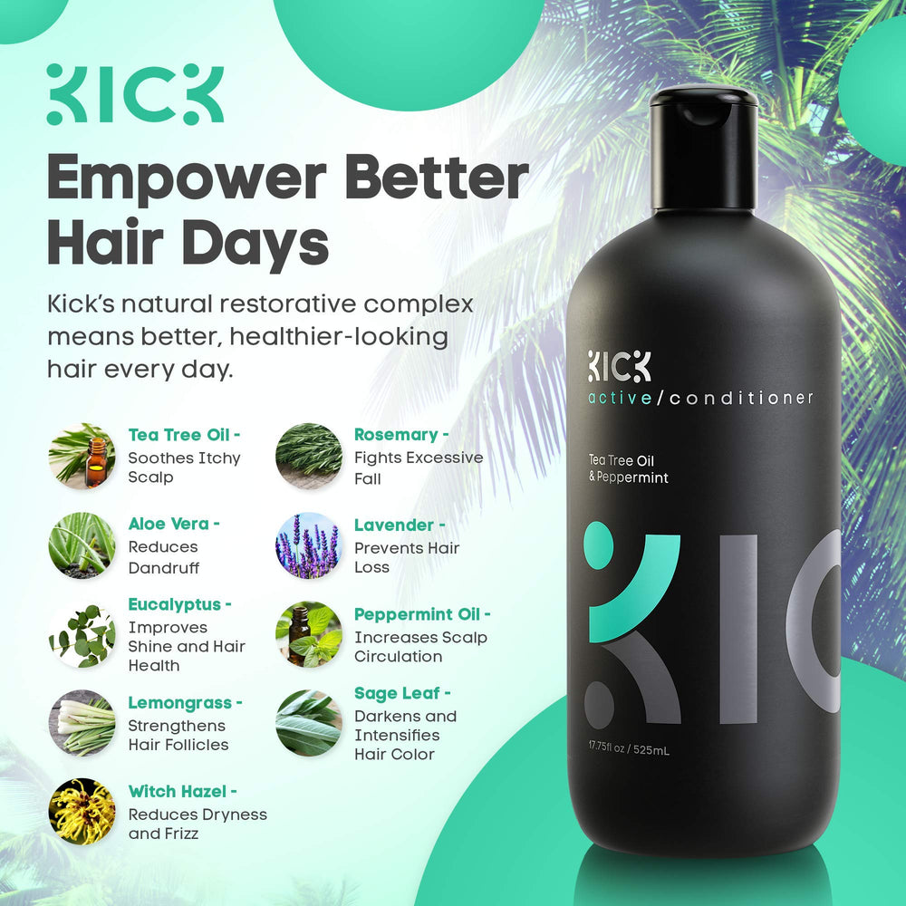 Kick Men's Conditioner Tea Tree label closeup shows clean ingredients you can trust.