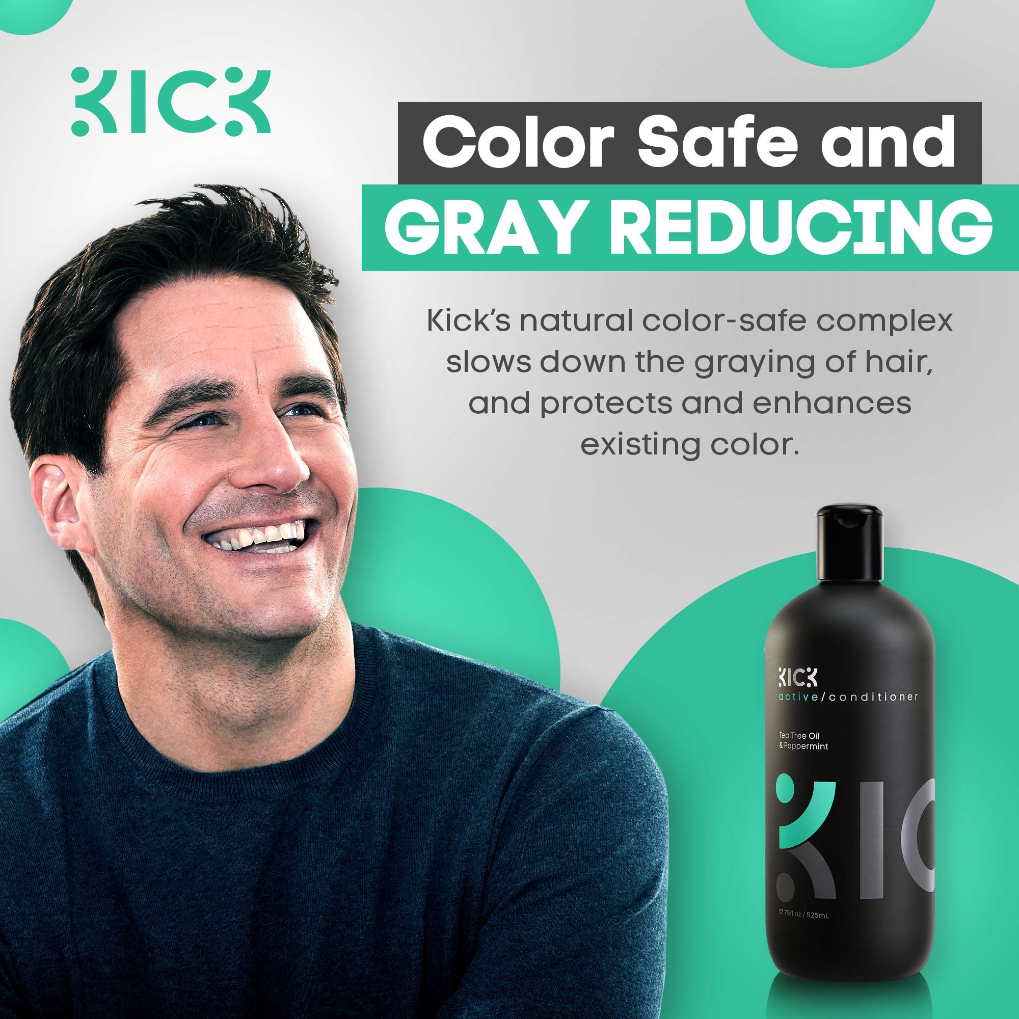 Kick Men's Conditioner Tea Tree moisture shot illustrates hydration for smoother, shinier hair.