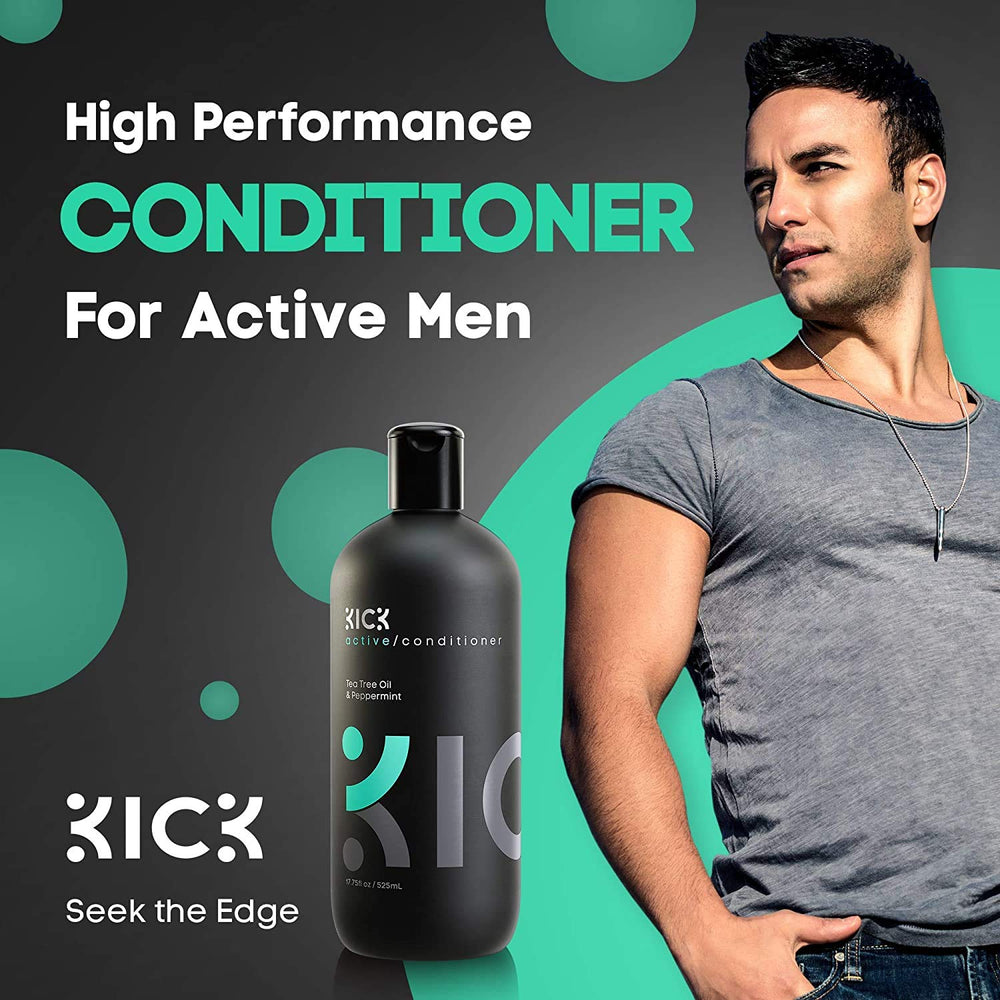 Kick Men's Conditioner Tea Tree pour action captures a cooling peppermint feel for energized mornings.