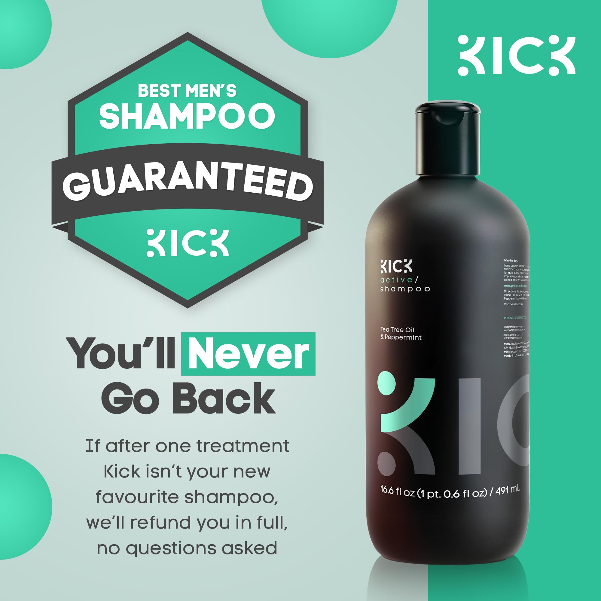Kick Mens Shampoo cruelty-free packaging communicates ethical grooming.