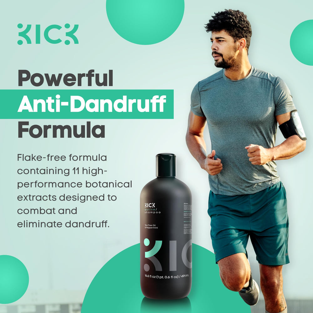 Kick Mens Shampoo foamy-lather illustrates sulfate-free deep clean.