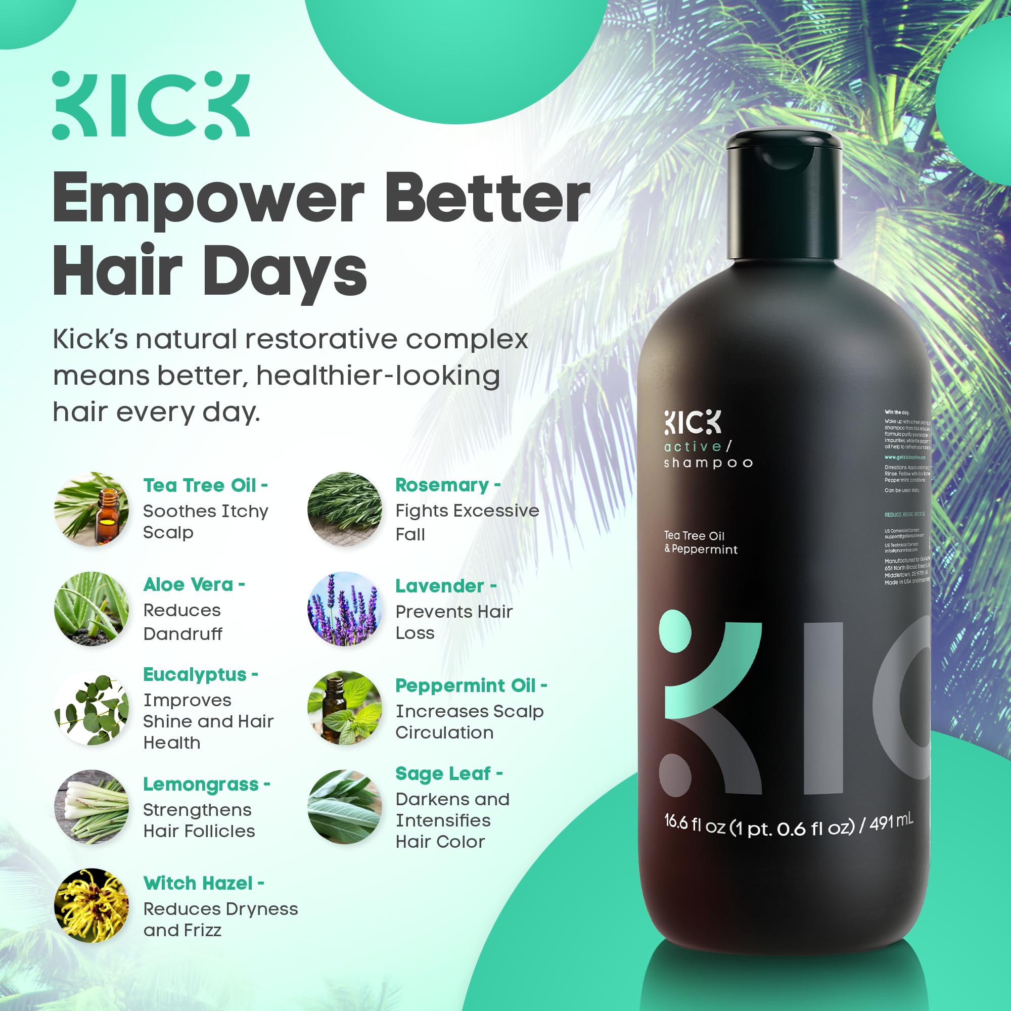 Kick Mens Shampoo peppermint-splash image conveys invigorating scalp sensation.