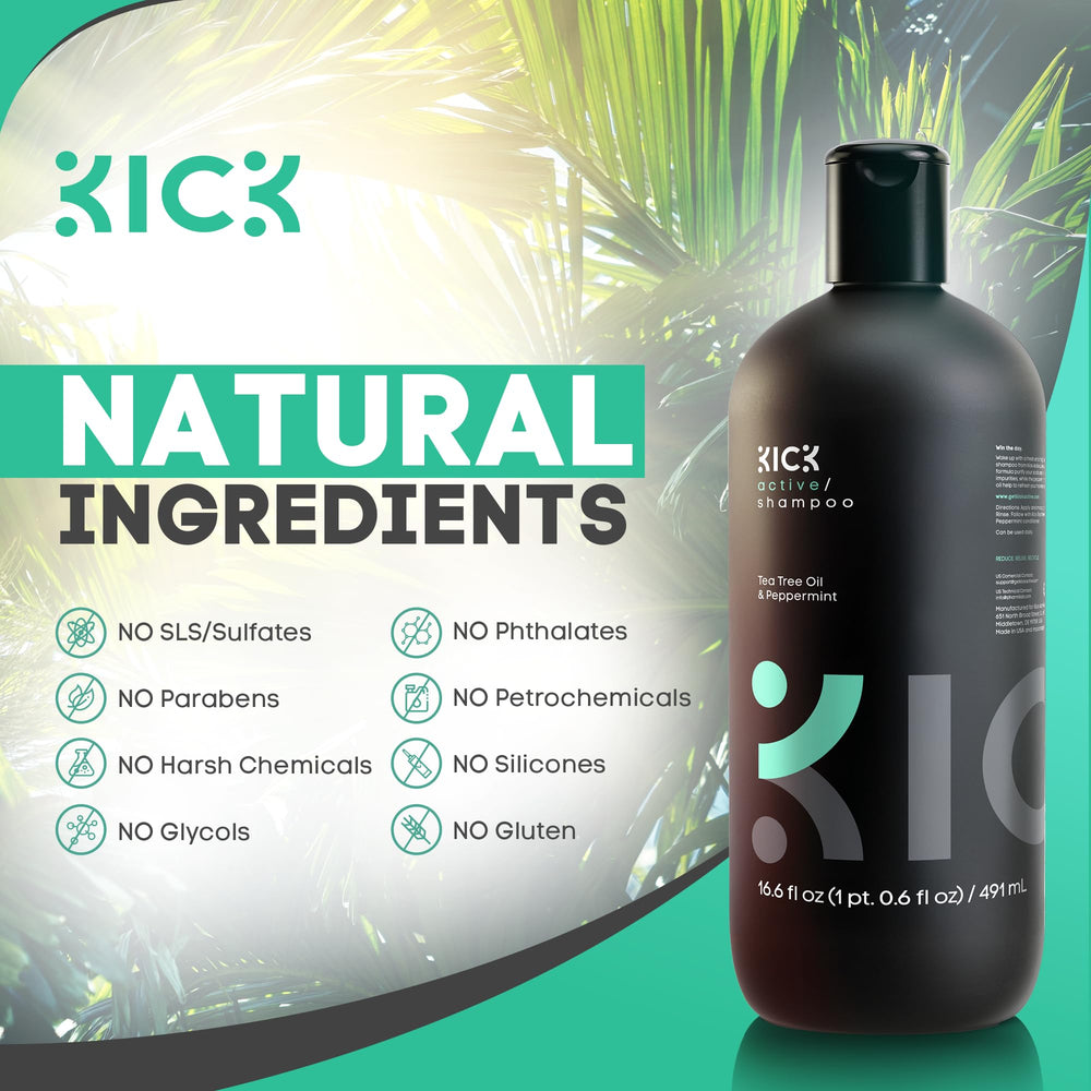 Kick Mens Shampoo tea-tree leaf close-up highlights botanicals for scalp balance.