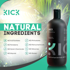 Kick Mens Shampoo tea-tree leaf close-up highlights botanicals for scalp balance.