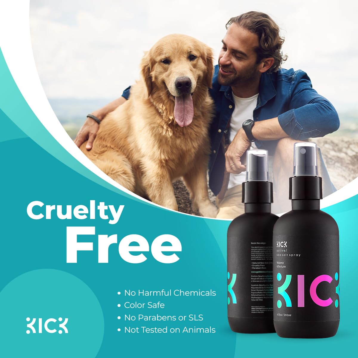 Kick Sea Salt Spray packaging close-up with cruelty-free label