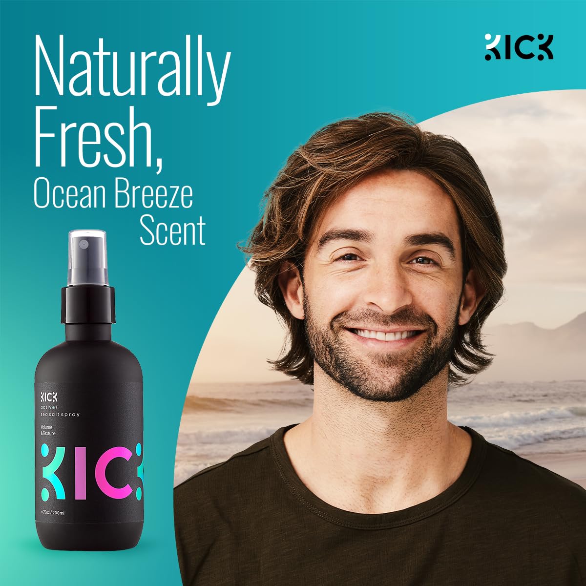 Kick Sea Salt Spray close-up highlights UV shield and color protection