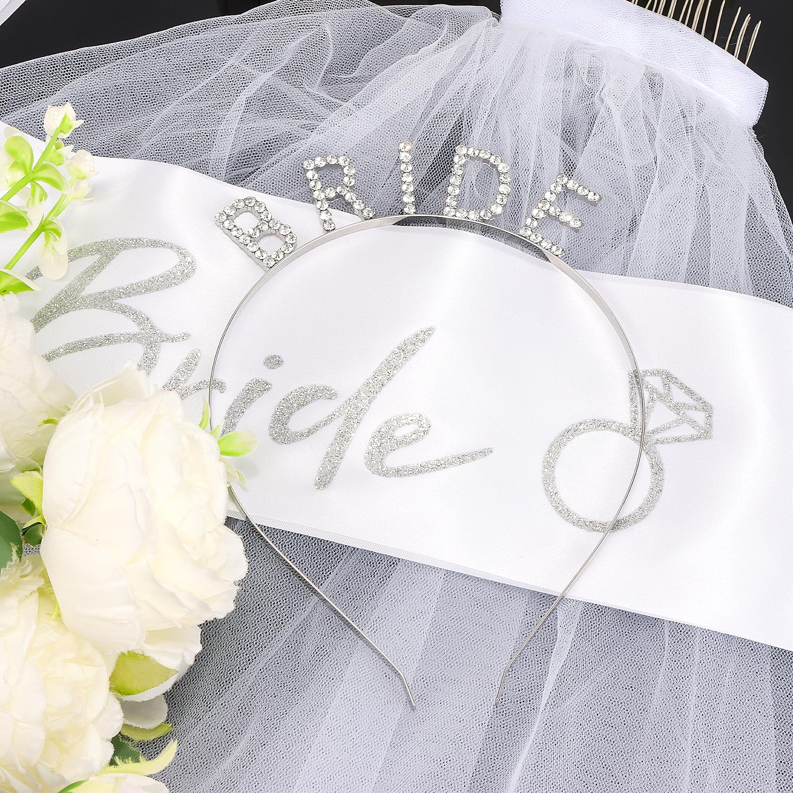 KICOSY bridal headpiece set features rhinestones, sash and veil