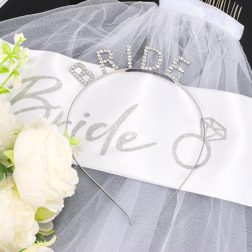 KICOSY bridal headpiece set features rhinestones, sash and veil