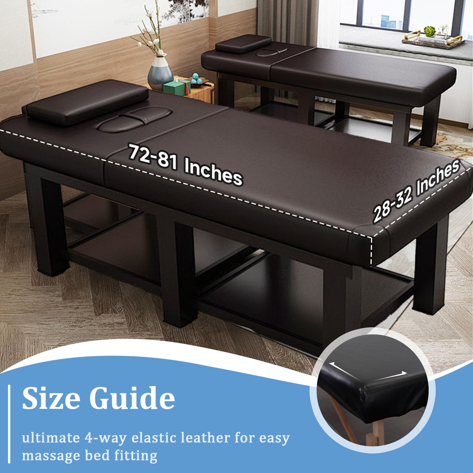 KIDOACOW leather massage bed cover application shows easy slipping-on for varied bed sizes