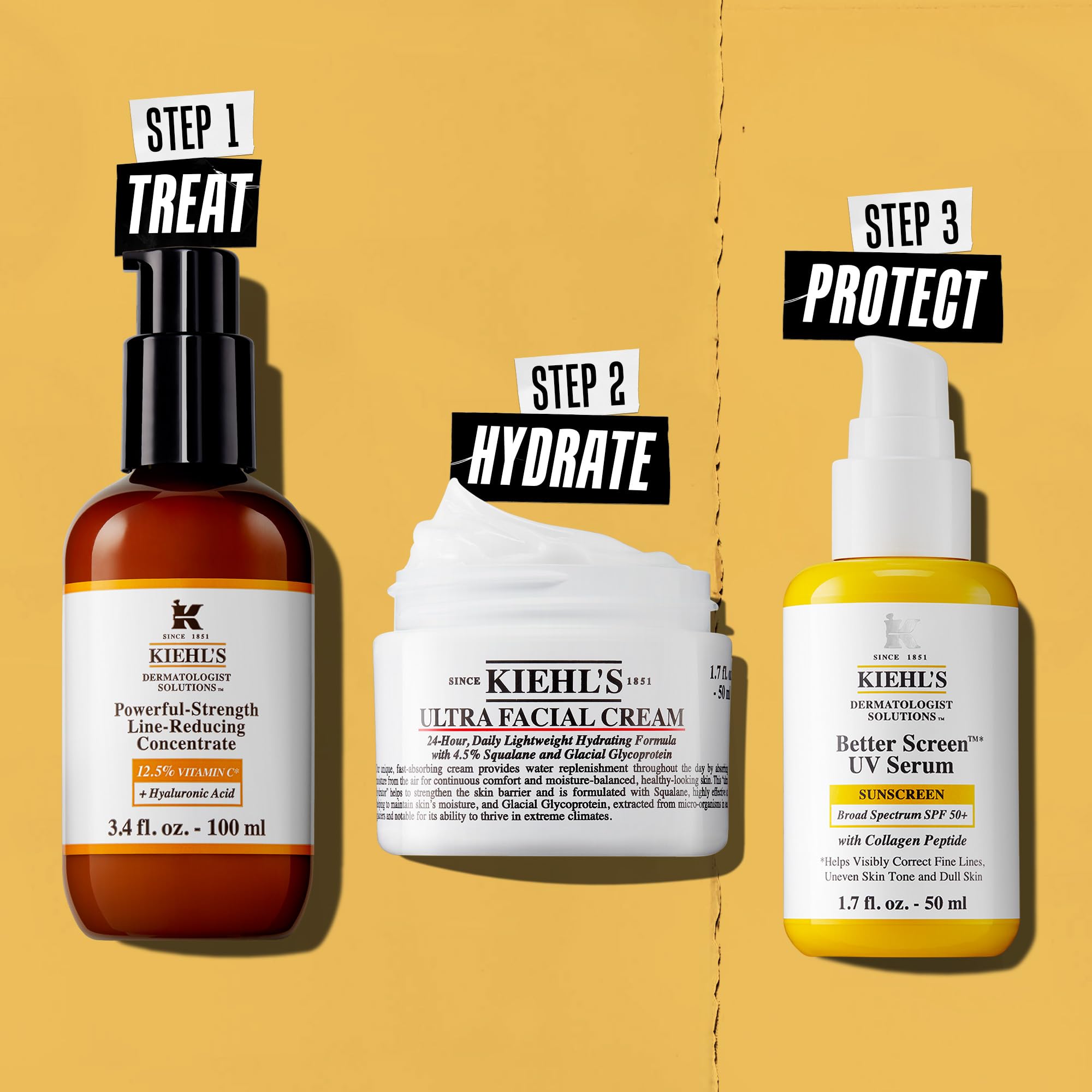 Kiehl's amber bottle packaging under light signals premium, dermatologist-tested formulation