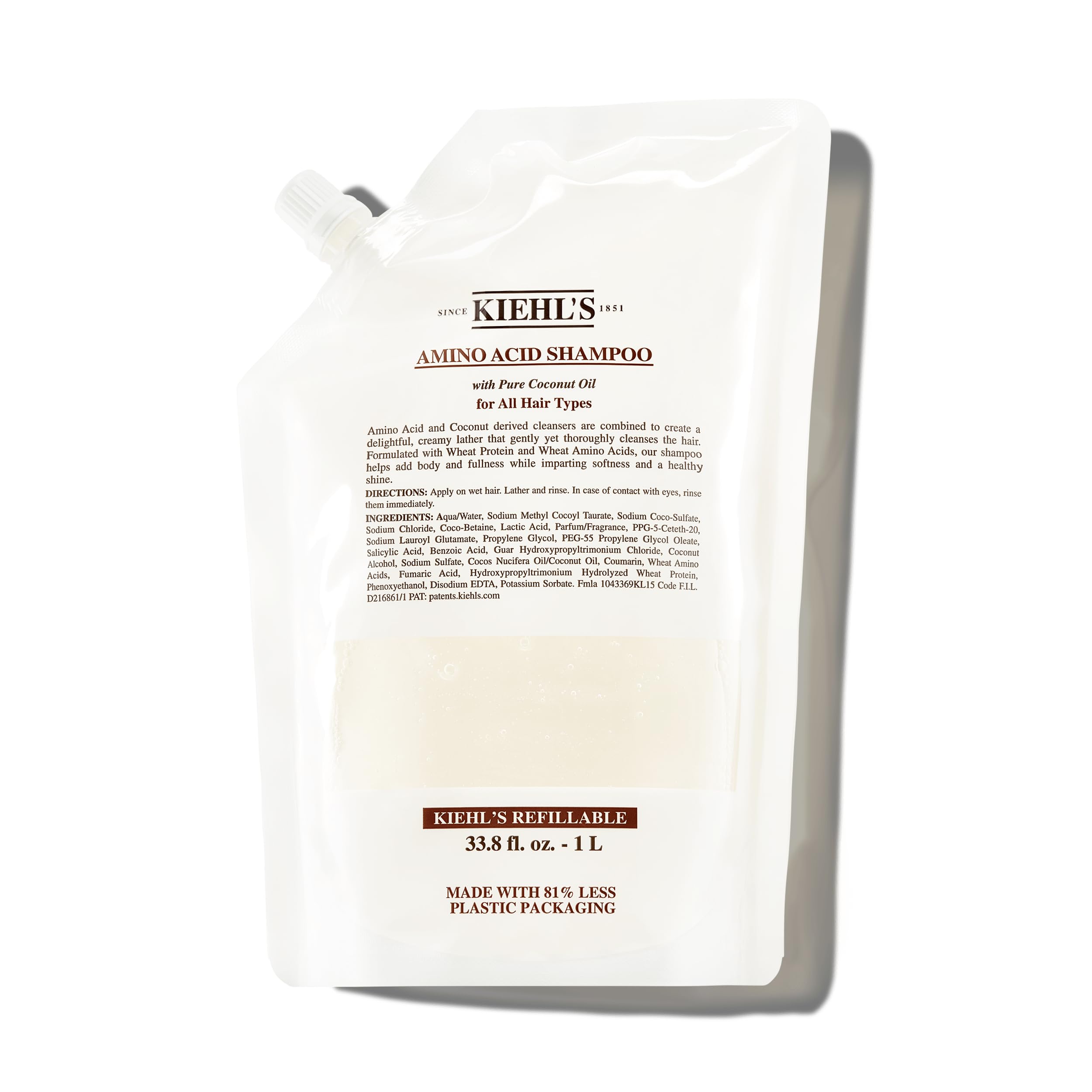 Kiehl's Amino Acid Shampoo bottle shows gentle cleanse for all hair types with moisture.