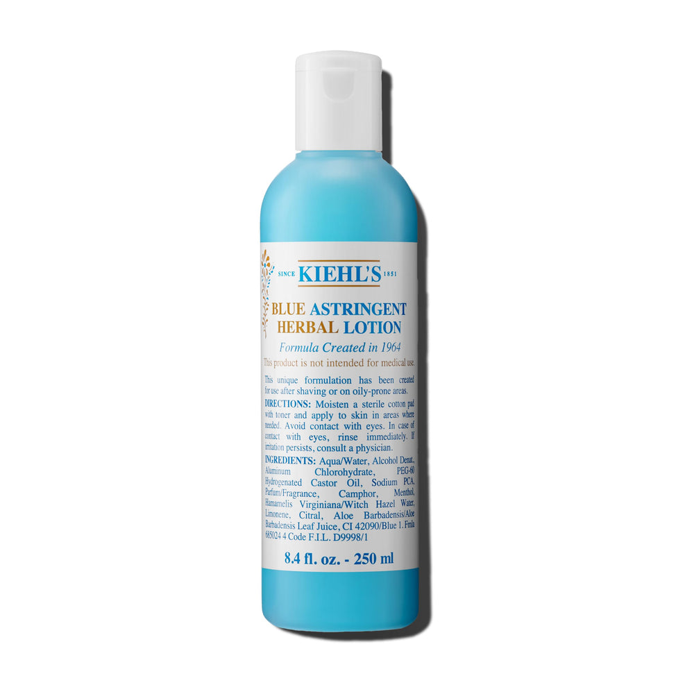 Kiehl's Blue Astringent Herbal Lotion bottle shows cooling menthol for balanced oily skin.