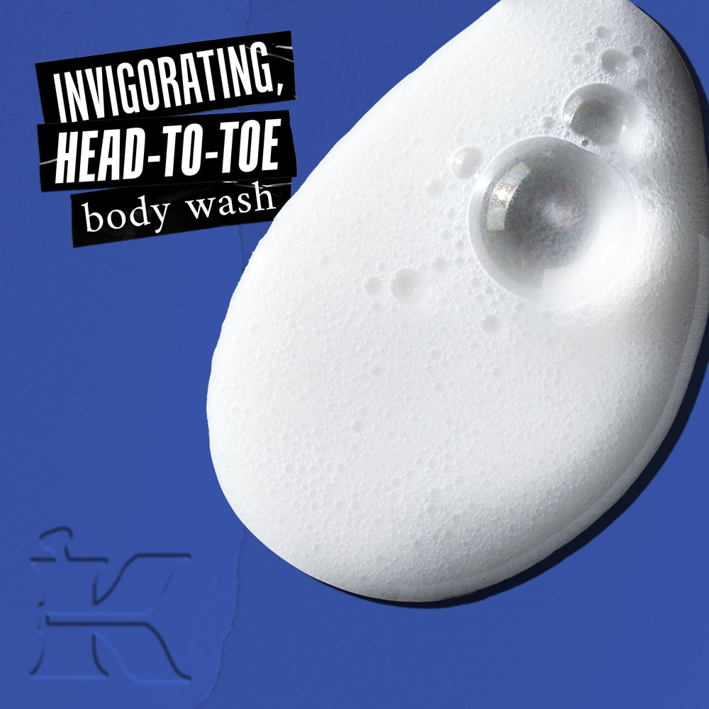 Kiehl's Body Fuel pour action highlights menthol cooling and invigorating cleansing.