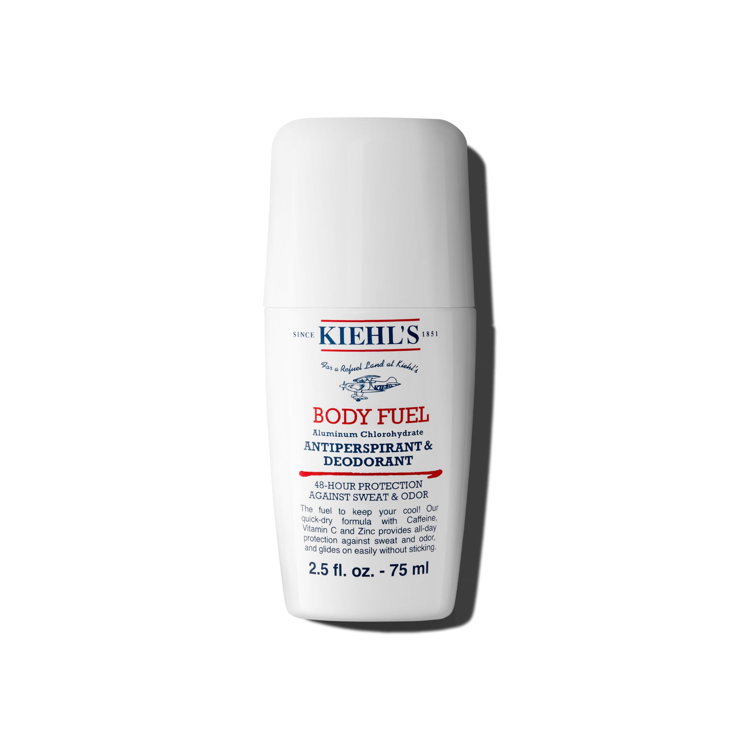 Kiehl's Body Fuel roll-on packshot shows compact bottle for on-the-go freshness.