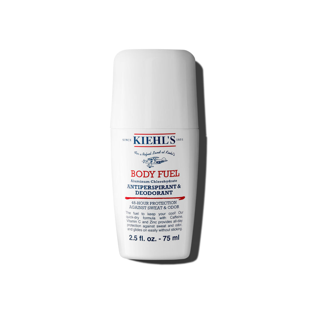 Kiehl's Body Fuel roll-on packshot shows compact bottle for on-the-go freshness.