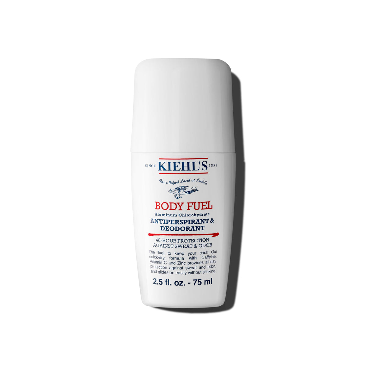 Kiehl's Body Fuel roll-on packshot shows compact bottle for on-the-go freshness.