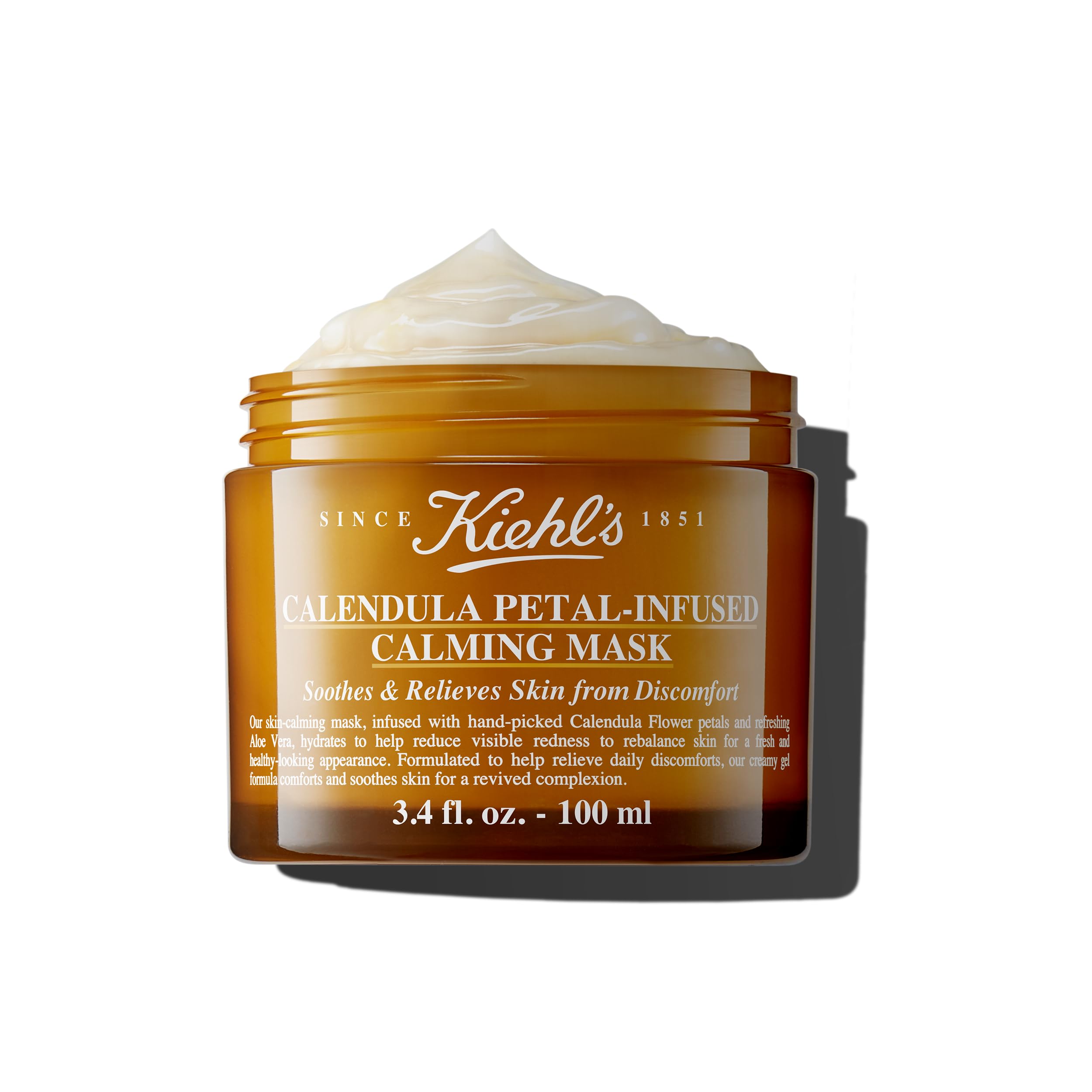 Kiehl's Calendula Petal-Infused Calming Mask jar delivers soothing hydration for dry skin.