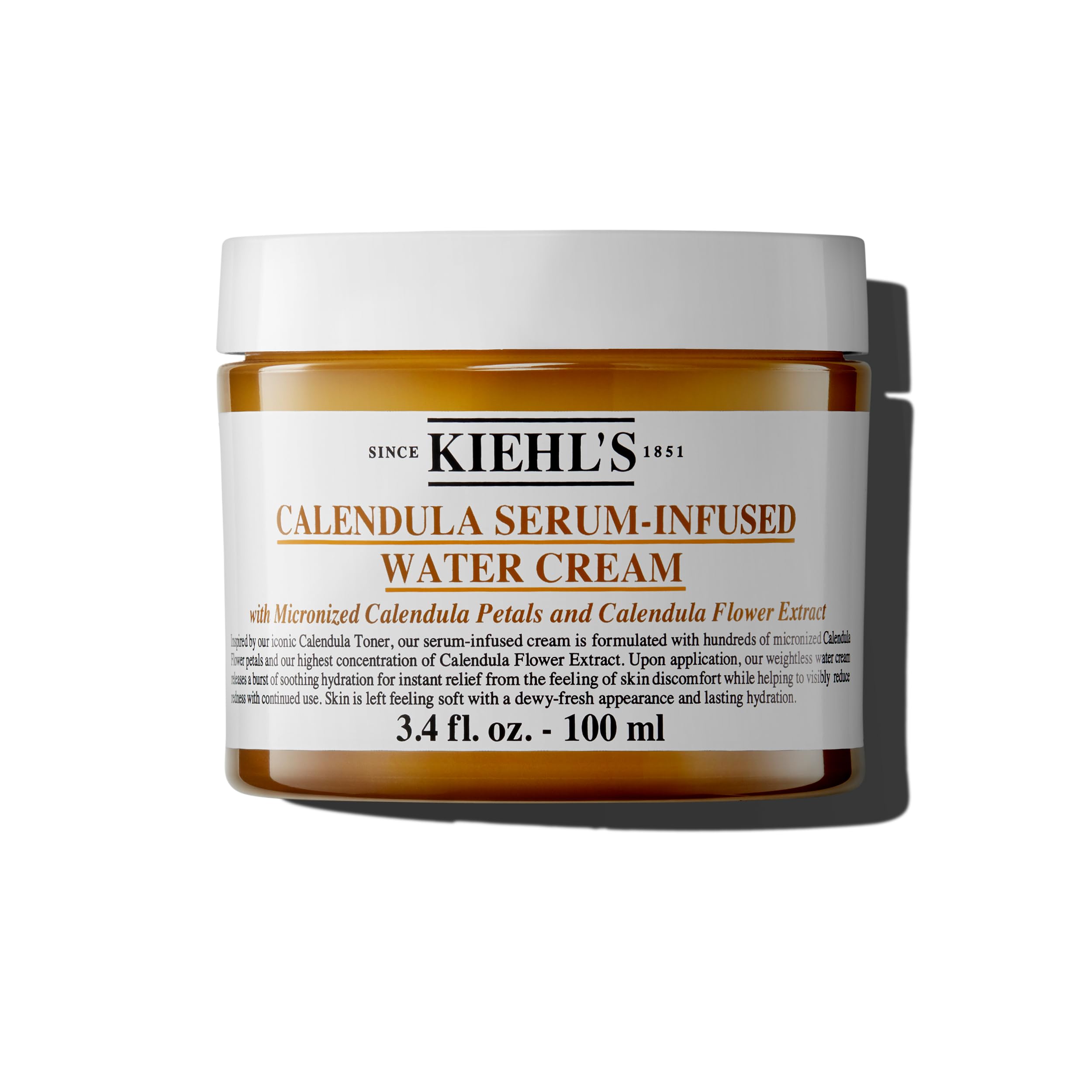 Kiehl's Calendula Serum-Infused Water Cream jar closeup shows soothing hydration.