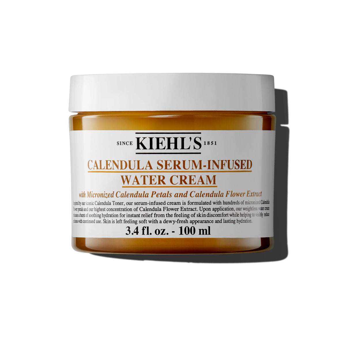 Kiehl's Calendula Serum-Infused Water Cream jar closeup shows soothing hydration.