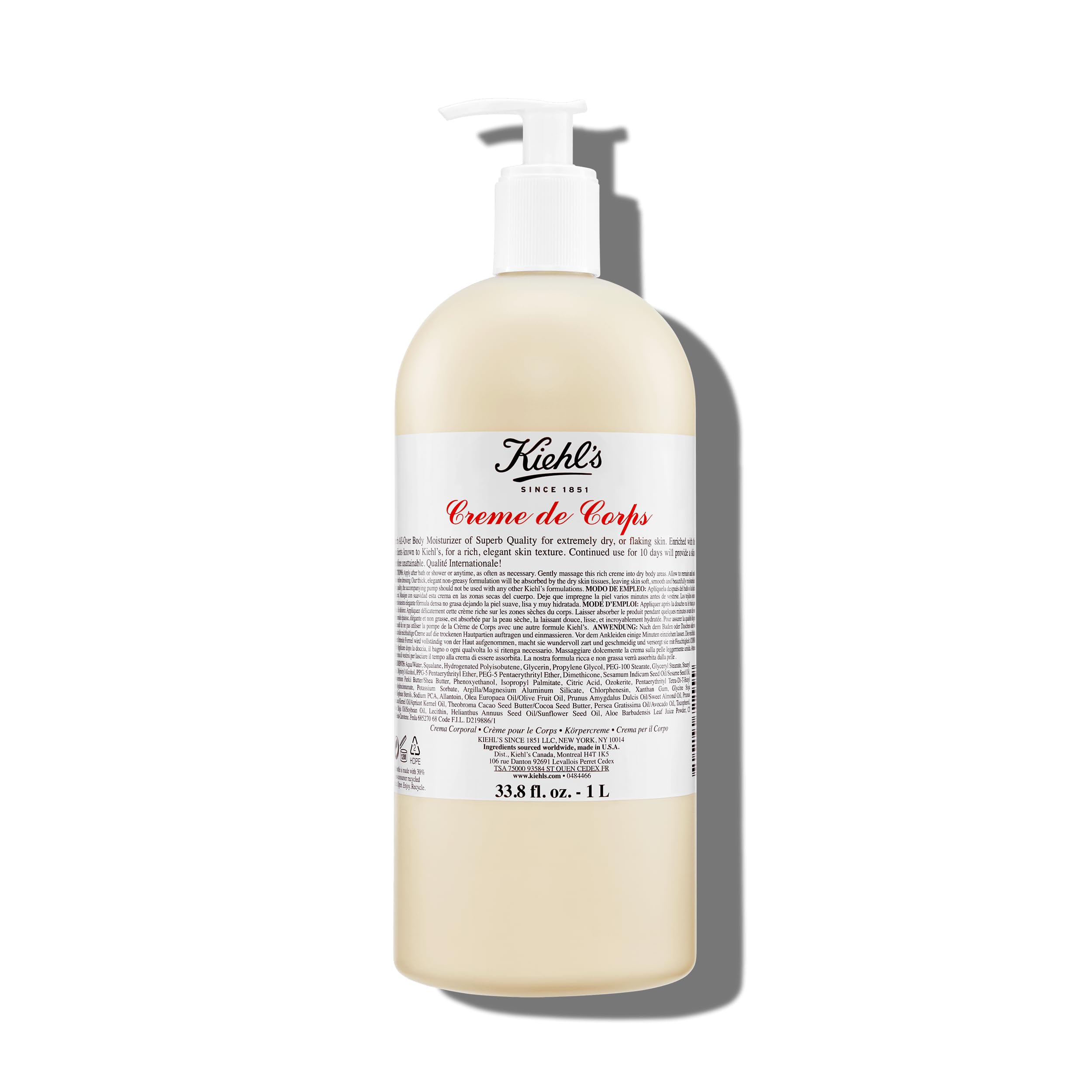 Kiehl's Creme de Corps bottle pump demonstrates fast-absorbing hydration for all skin types.