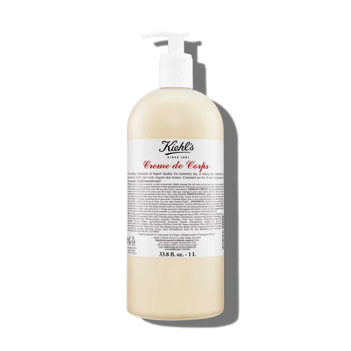 Kiehl's Creme de Corps bottle pump demonstrates fast-absorbing hydration for all skin types.