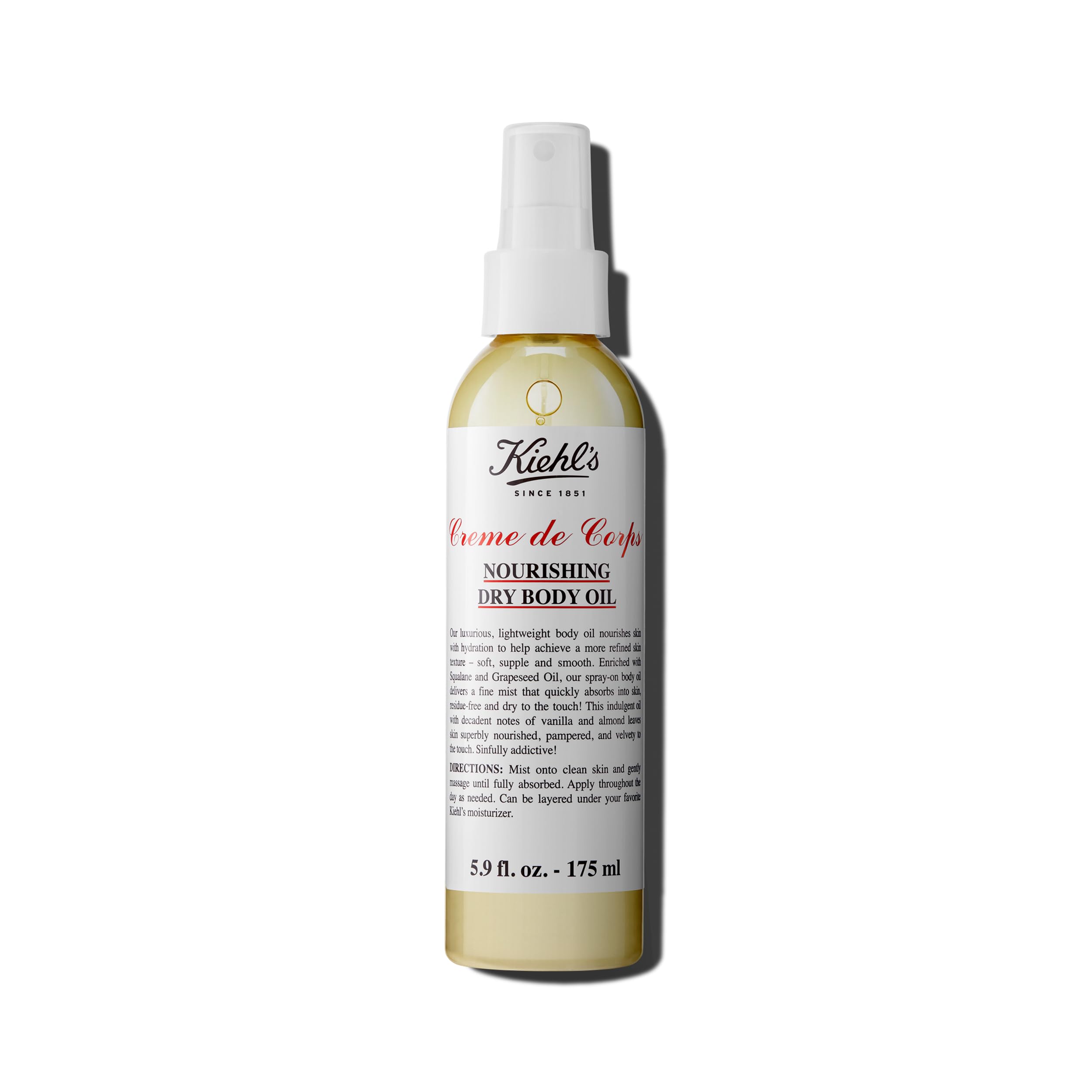 Kiehl's Creme de Corps Nourishing Dry Body Oil bottle ready for luxurious hydration and velvety skin.