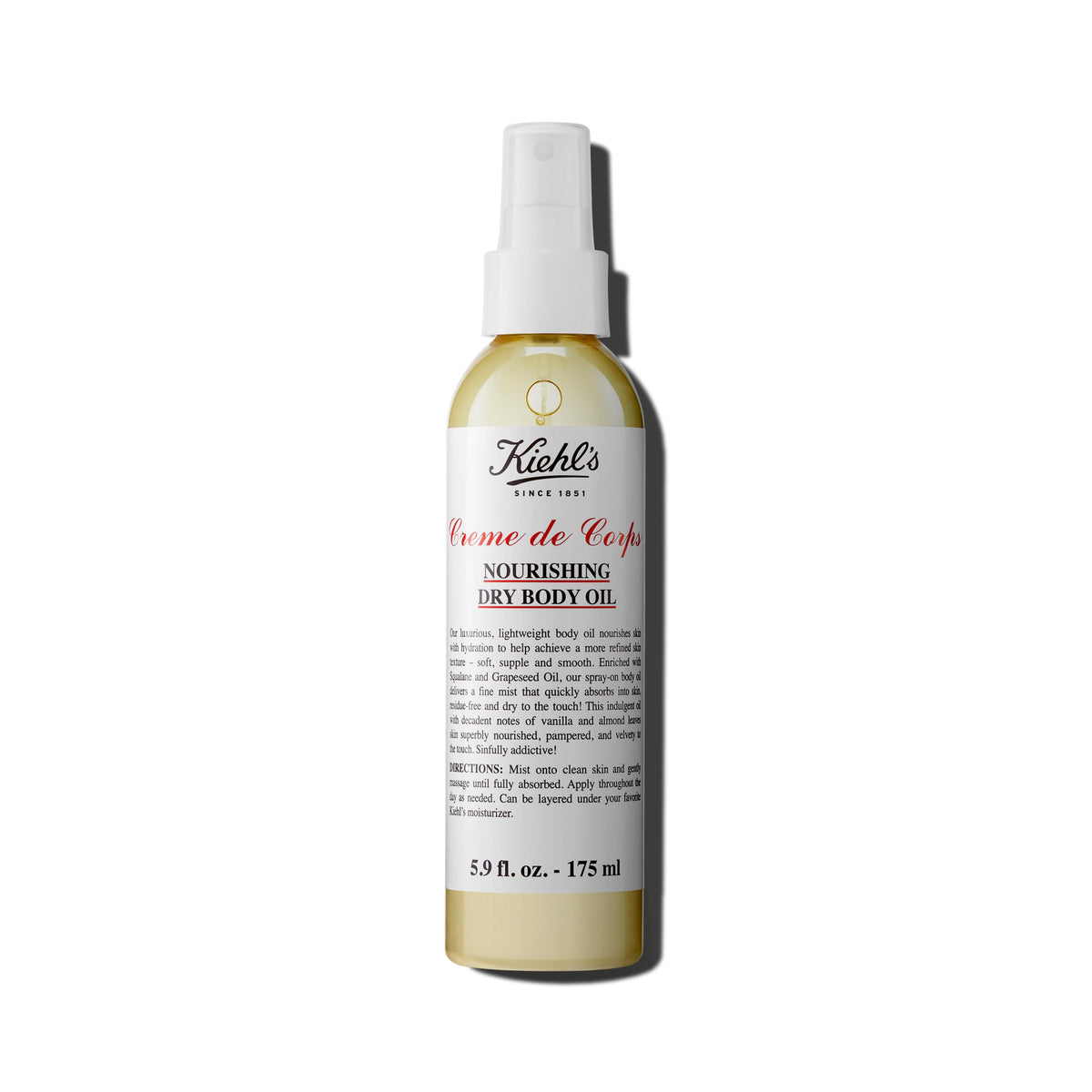 Kiehl's Creme de Corps Nourishing Dry Body Oil bottle ready for luxurious hydration and velvety skin.