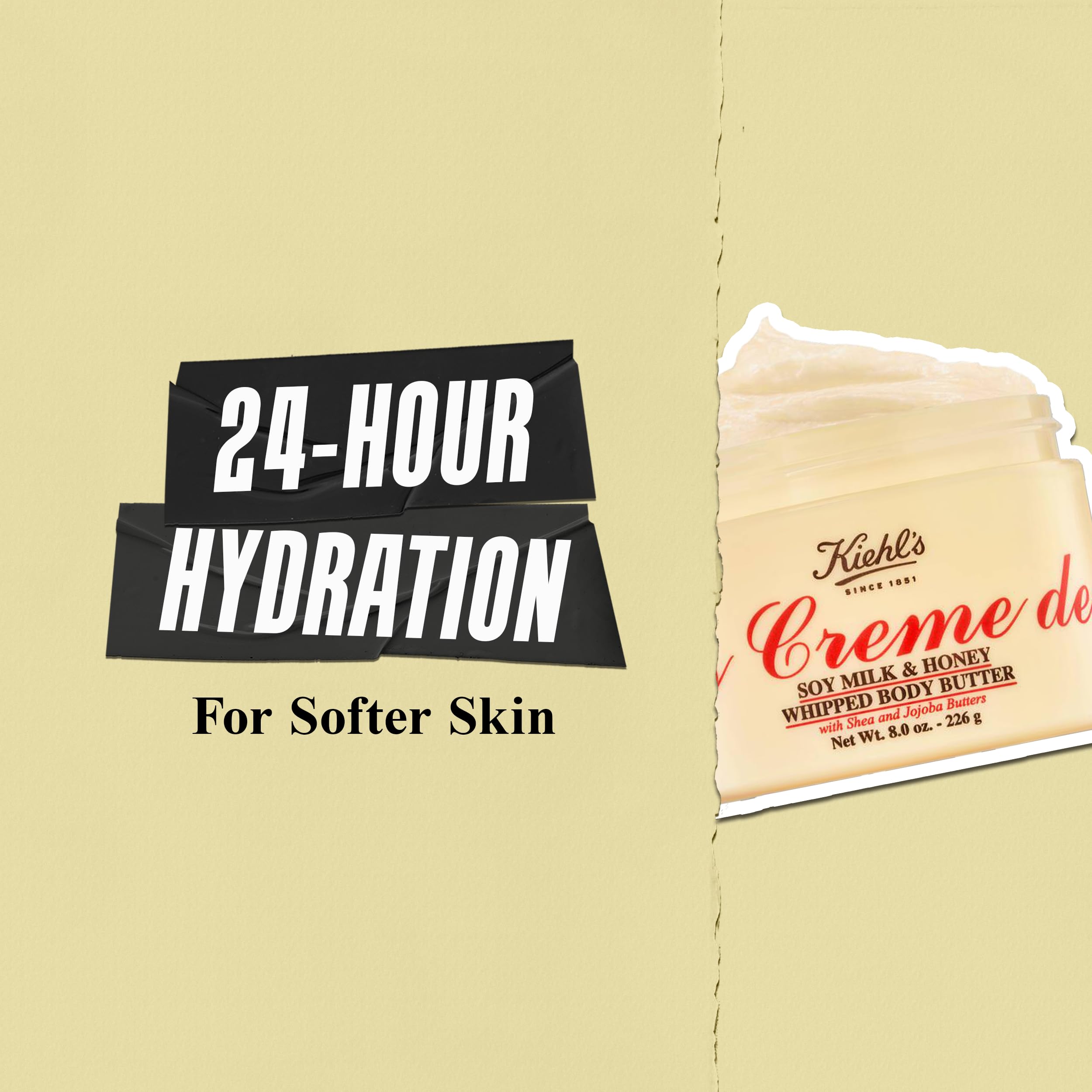 Kiehl's Creme de Corps Whipped Butter honey-softening action shown on skin surface.