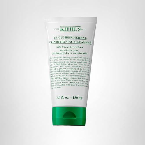 Kiehl's cucumber extract skincare routine image hints calming, refreshing daily cleanse.