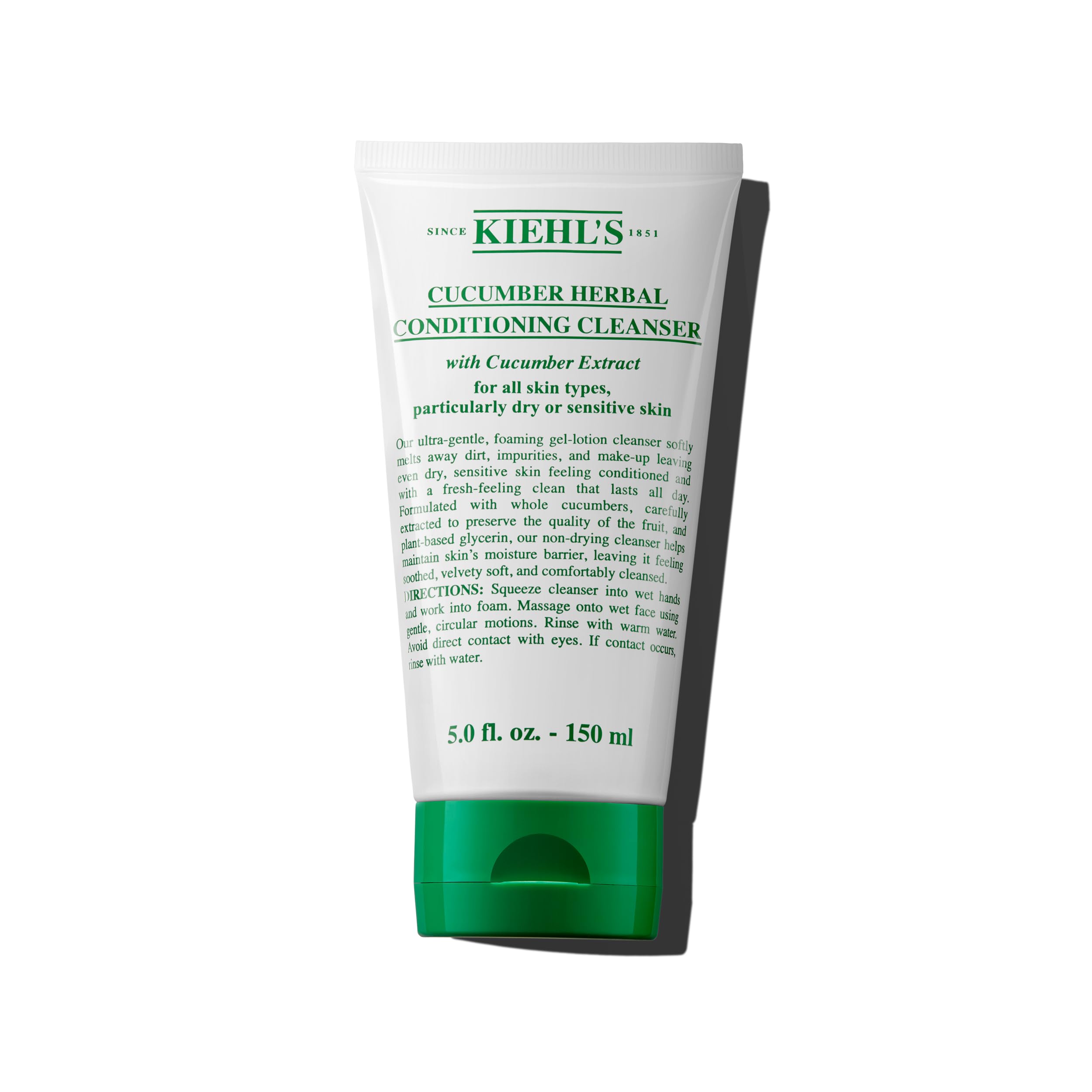 Kiehl's Cucumber Herbal Conditioning Cleanser bottle close-up highlights a hydrating formula for sensitive skin.