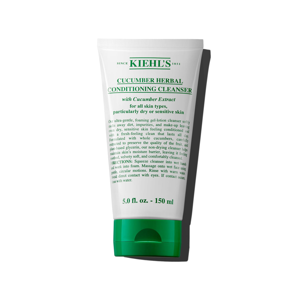 Kiehl's Cucumber Herbal Conditioning Cleanser bottle close-up highlights a hydrating formula for sensitive skin.