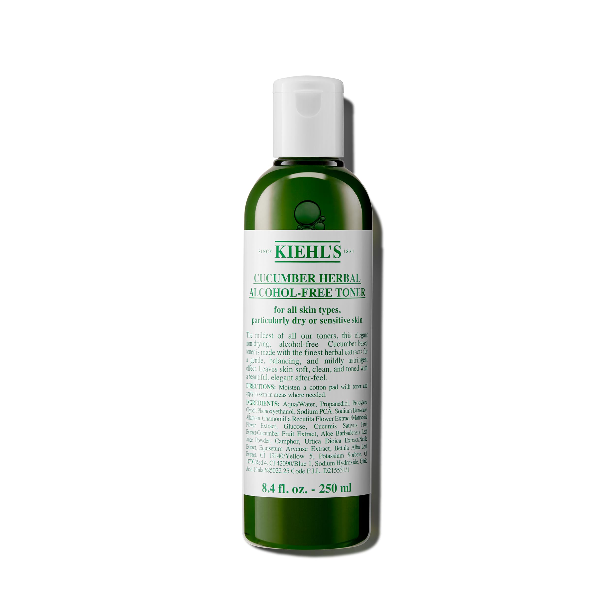 Kiehl's Cucumber Toner bottle closeup highlighting alcohol-free formula for sensitive skin.