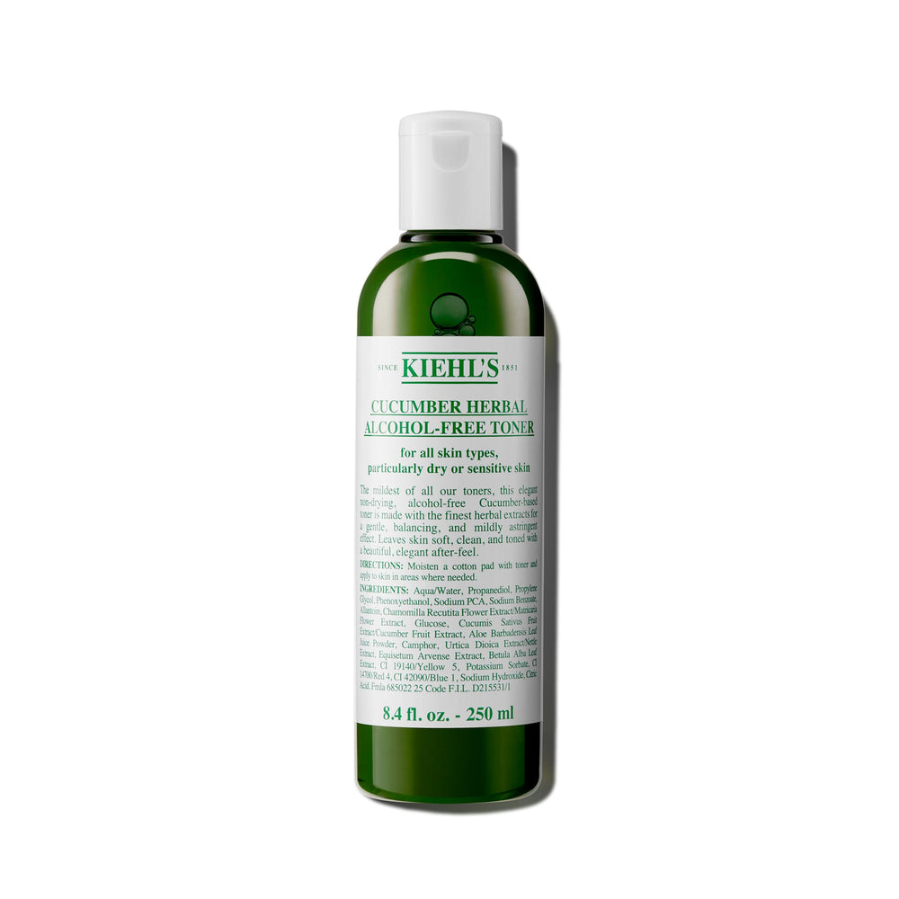 Kiehl's Cucumber Toner bottle closeup highlighting alcohol-free formula for sensitive skin.