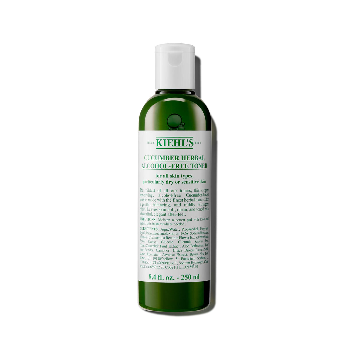 Kiehl's Cucumber Toner bottle closeup highlighting alcohol-free formula for sensitive skin.