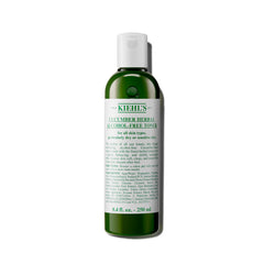 Kiehl's Cucumber Toner bottle closeup highlighting alcohol-free formula for sensitive skin.