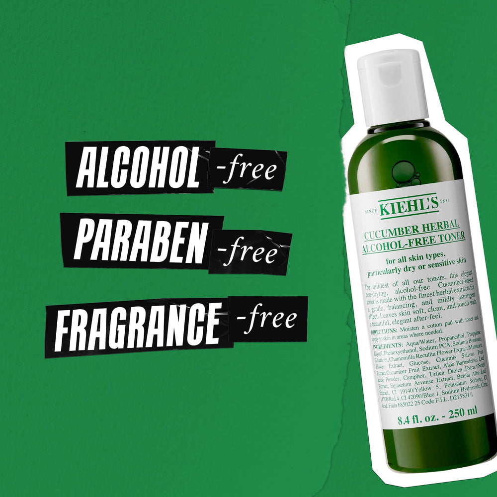 Kiehl's Cucumber Toner packaging highlighting fragrance-free and paraben-free formulation.