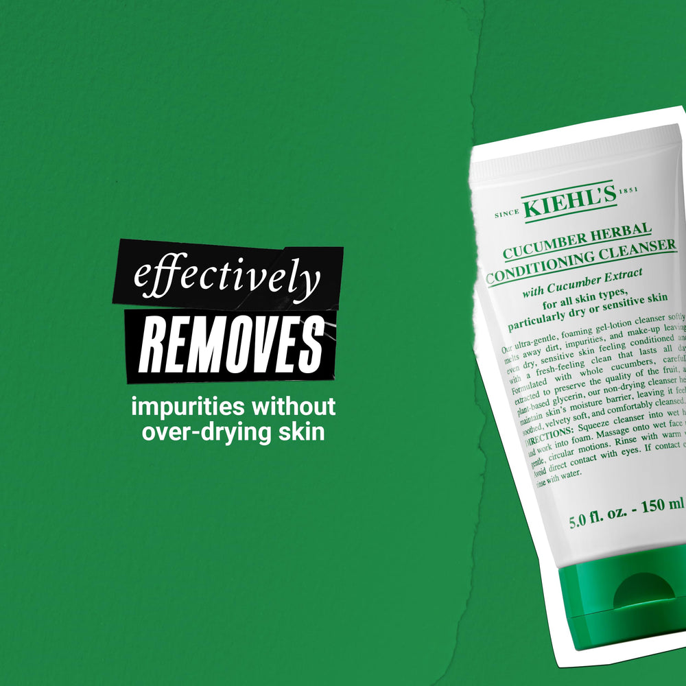 Kiehl's damp-face application image shows easy upward-massage for all skin types.