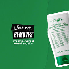 Kiehl's damp-face application image shows easy upward-massage for all skin types.