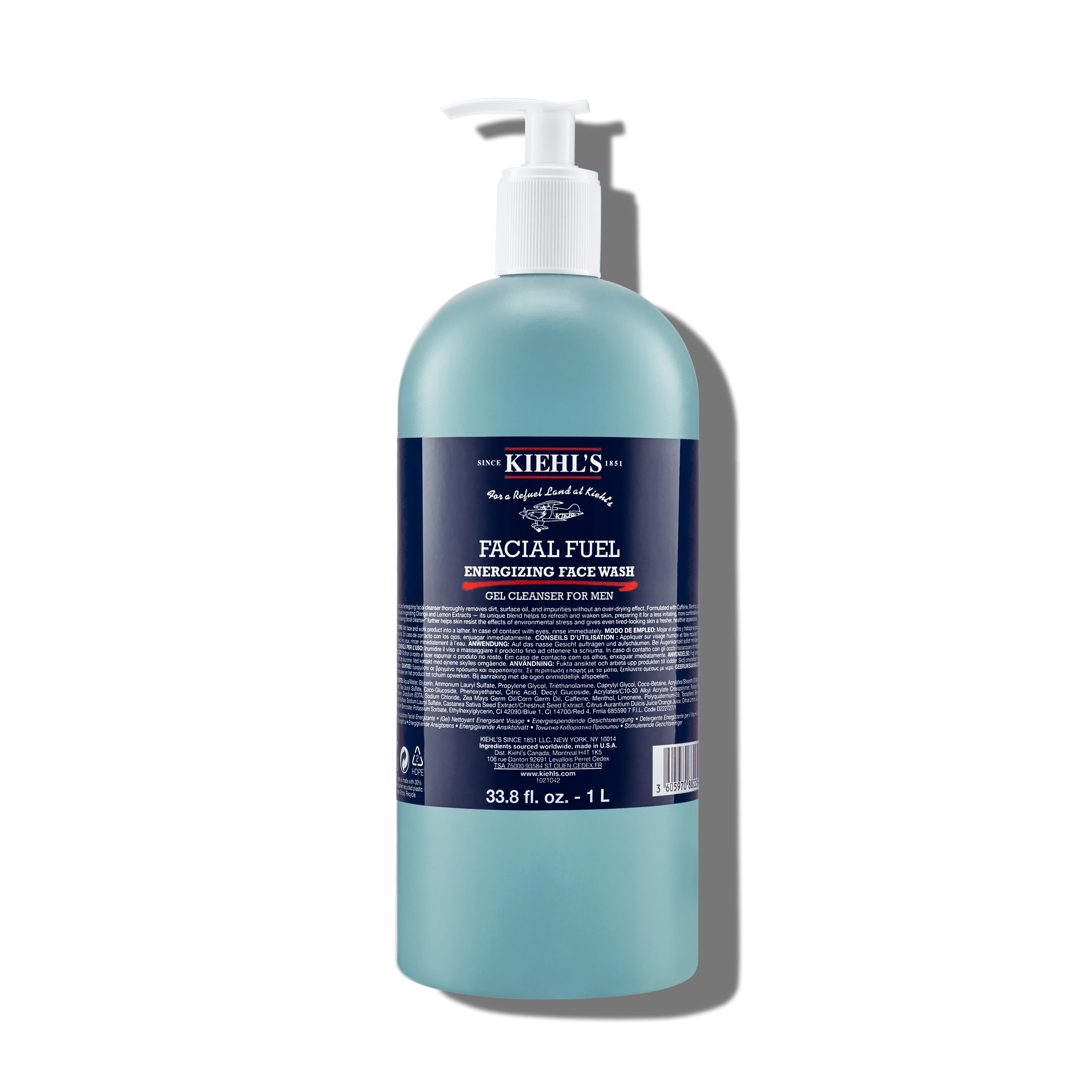 Kiehl's Facial Fuel bottle close-up showing iconic packaging for a refreshing cleanse