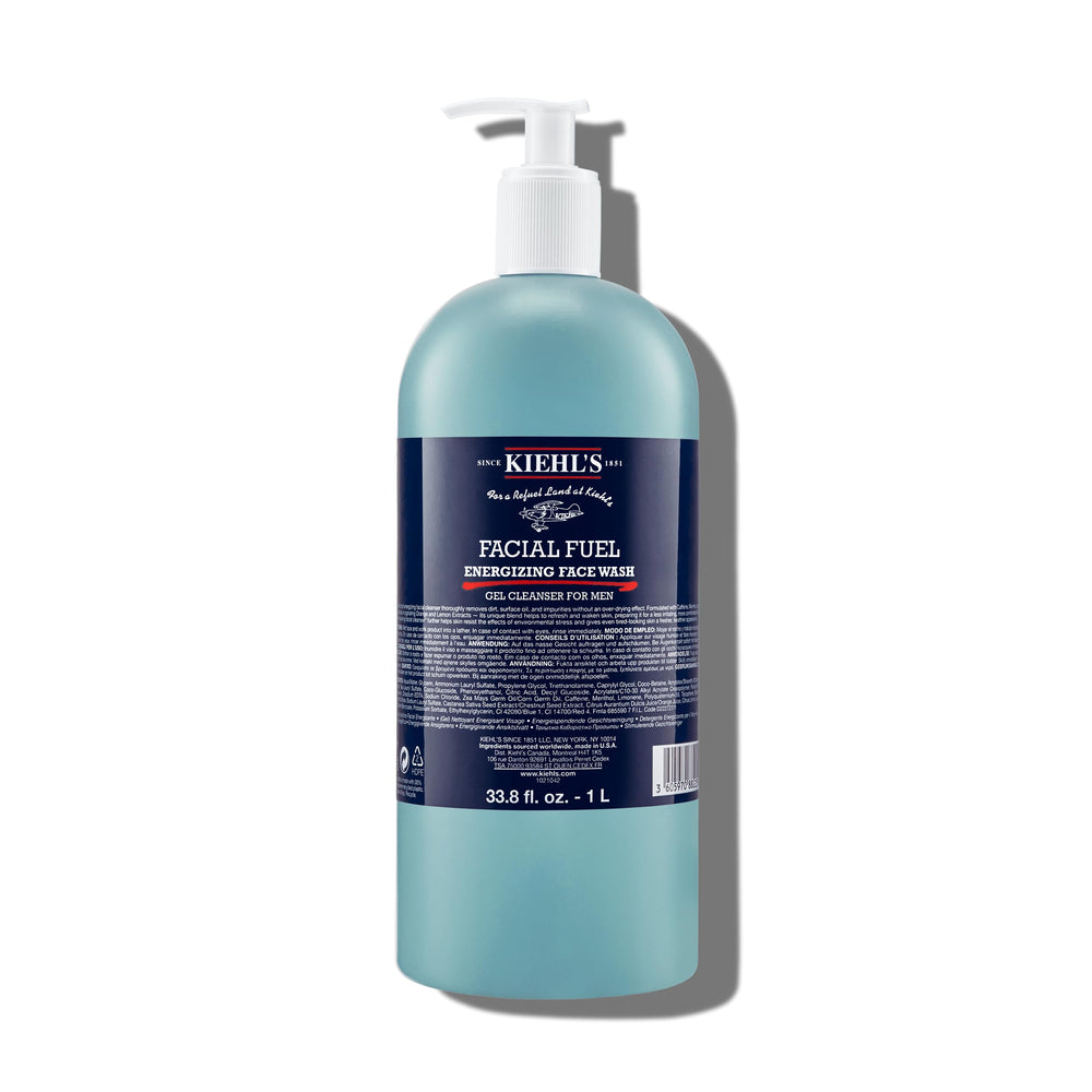 Kiehl's Facial Fuel bottle close-up showing iconic packaging for a refreshing cleanse
