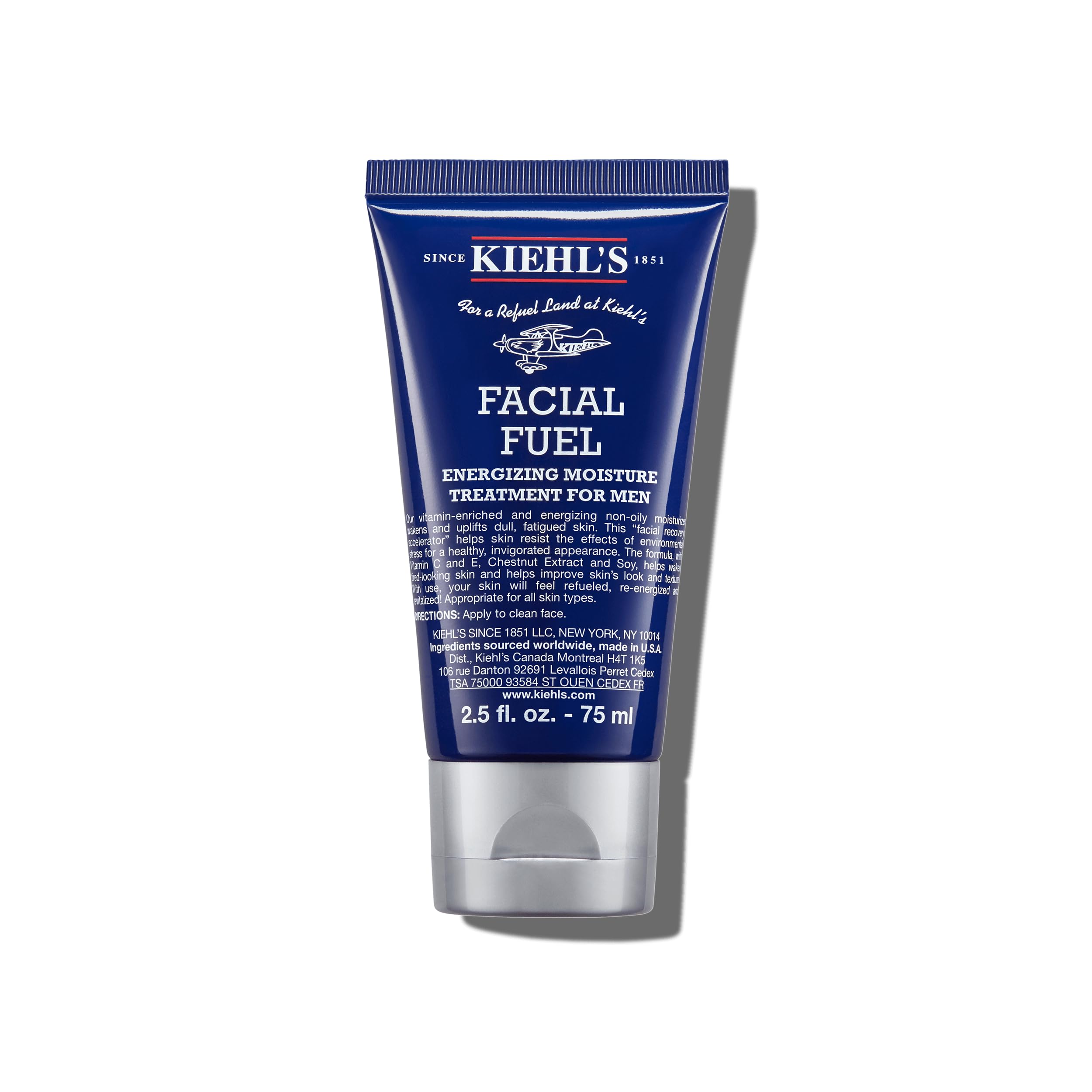Kiehl's Facial Fuel bottle shows lightweight, non-greasy daily hydration.