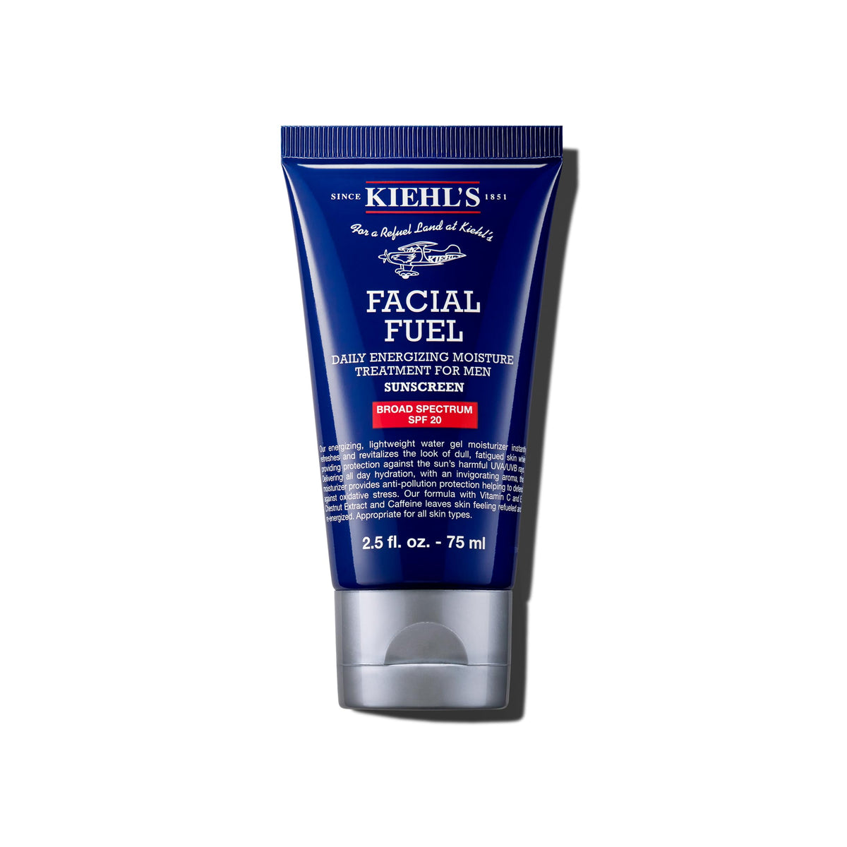 Kiehl's Facial Fuel Moisturizer SPF20 tube delivers non-greasy hydration for daily protection.